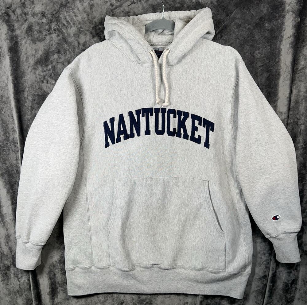 Nantucket Champion Reverse Weave Hoodie Mens L Gray Spell Out Embroidered Patch